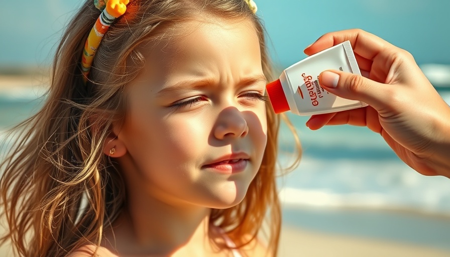 Young girl applying sunscreen at an Australian beach.