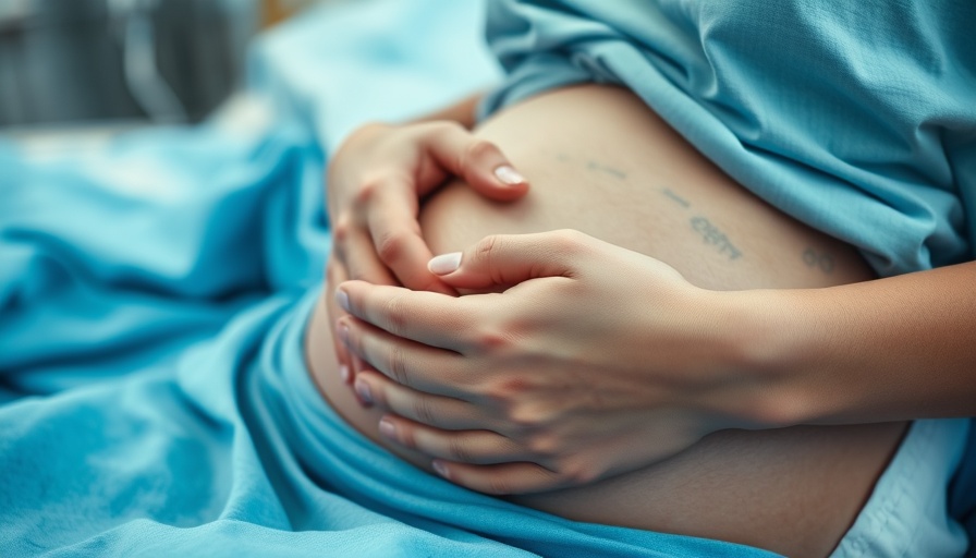 Pregnant woman's hand with IV drip in a hospital setting.