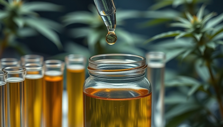Cannabis-derived medication for back pain featuring oil and plants in a lab setting.