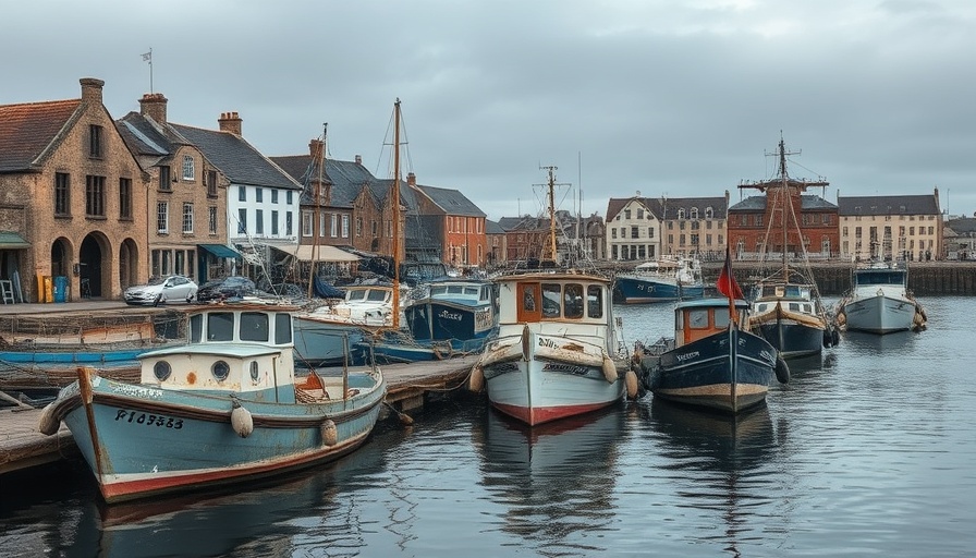 Harbor with fishing boats and rustic buildings, muted tones.