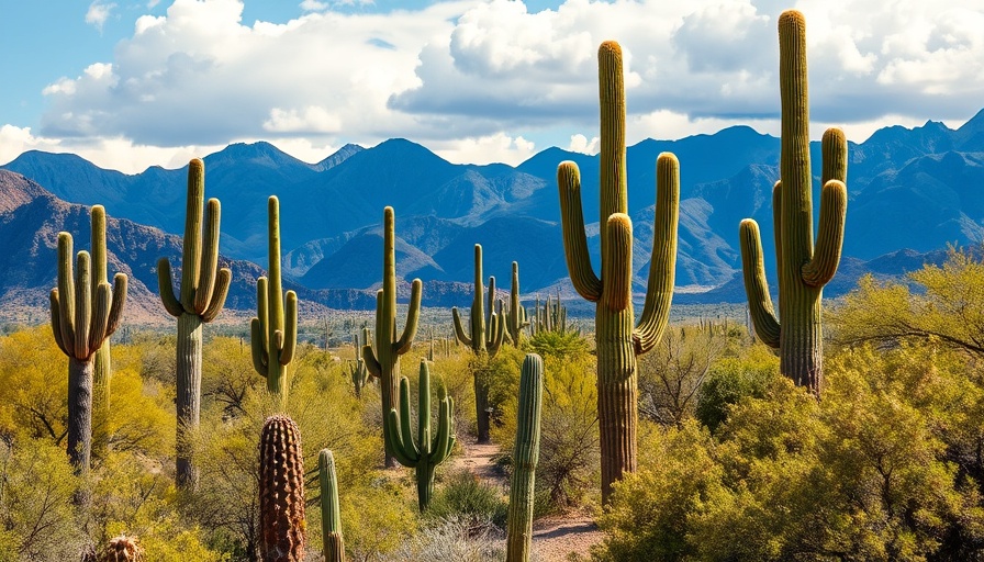 Desert landscape near Goodyear with cacti and mountains.