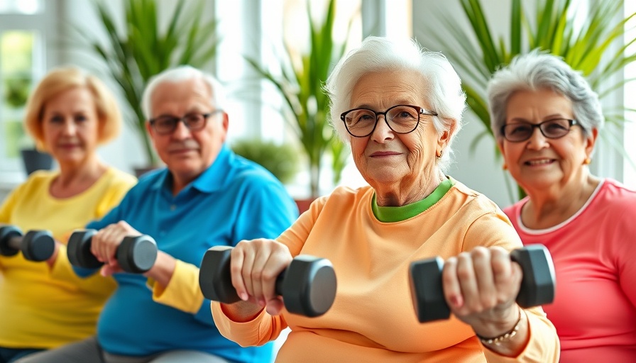 Seniors exercising with dumbbells in a bright room, exercise for seniors.