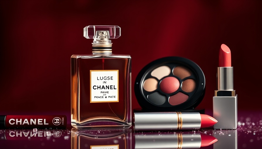 Elegant Chanel beauty gifts featuring perfume, eyeshadow, lipstick.