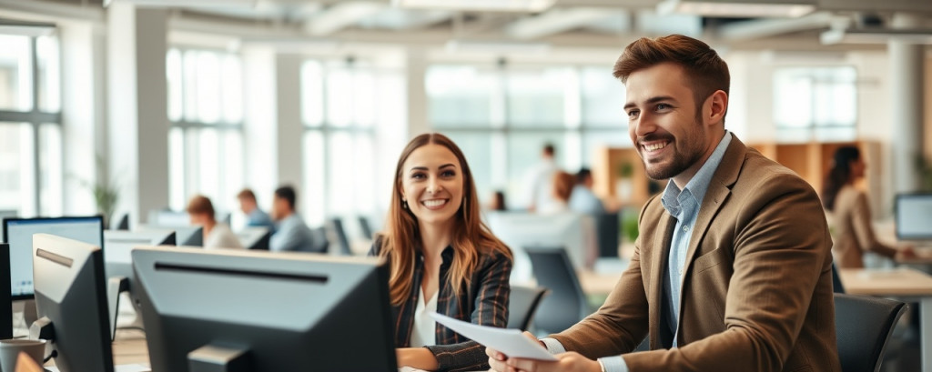 friendly contactsupport, attentive, answering queries efficiently, photorealistic, set in a bright and open office space with computers and paperwork, highly detailed, with team members in the background, clear resolution, warm neutral colors, overhead lighting, shot with a 35mm lens