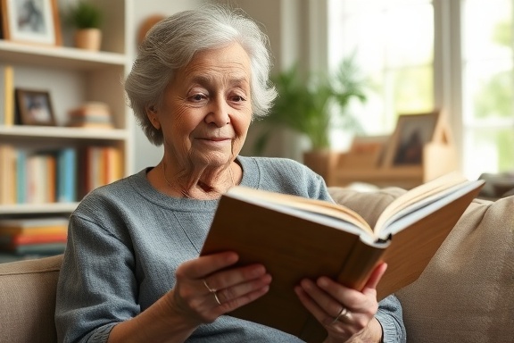 elderly woman with a gentle smile, content, reading, photorealistic, in a well-lit living room surrounded by books and family photos, highly detailed, pages of the book turning with her hands, fine texture, soft pastels, ambient afternoon lighting, shot with a 85mm lens.