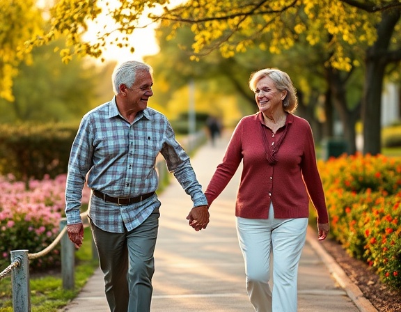 retired couple holding hands, happy, walking, photorealistic, along a scenic park pathway with blooming flowers, highly detailed, gentle breeze moving tree leaves, crisp and vibrant, golden hour lighting, shot with a 35mm lens.