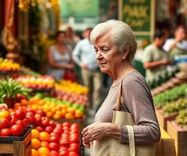 senior woman with a shopping bag, focused, selecting produce, photorealistic, in a bustling farmer's market with colorful stalls and busy vendors, highly detailed, fresh fruits and vegetables in abundance, vivid colors, diffused sunlight, shot with a 24mm lens.