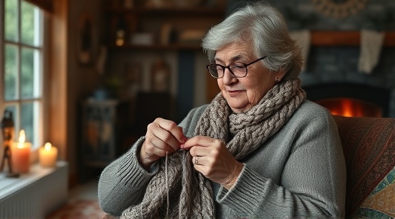 aged woman knitting, relaxed, creating a scarf, photorealistic, in a charming cottage with vintage decor and a crackling fireplace, highly detailed, yarn unraveling and stitches forming, warm and cozy hues, candlelit ambiance, shot with a 50mm lens.