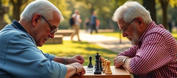 senior friends playing chess, engaged, strategizing, photorealistic, at a sunny park with people strolling by, highly detailed, chess pieces in focus, contrasting shades, late afternoon glow, shot with a macro lens.