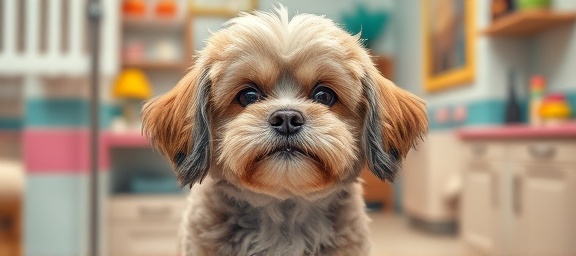 adorable petcare grooming, serene expression, getting a haircut, photorealistic, inside a cozy pet salon with colorful decor, highly detailed, scattered fur clippings, shot with a 85mm lens, pastel colors, soft lighting