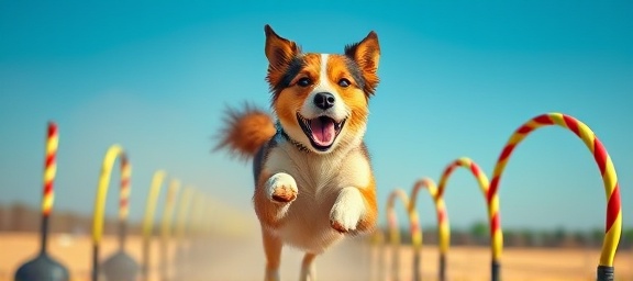 energetic petcare training, focused expression, jumping through hoops, photorealistic, in an outdoor training arena with clear blue skies, highly detailed, dust particles in the air, shot with a 200mm lens, natural colors, bright sunlight