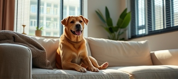 content petcare sitting, relaxed expression, lounging on a soft couch, photorealistic, in a modern living room with large windows, highly detailed, rays of sunlight through blinds, shot with a 35mm lens, neutral colors, diffused lighting