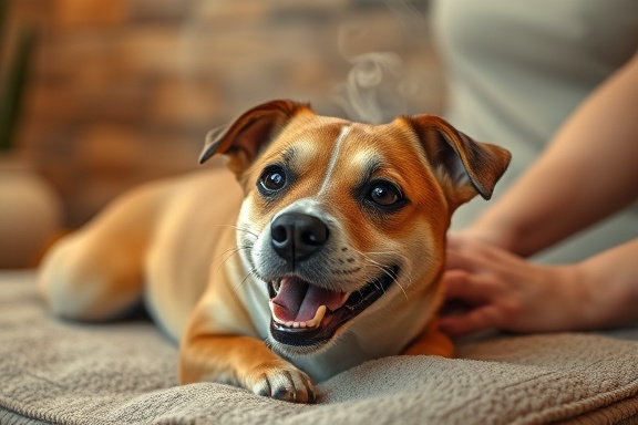 vibrant petcare wellness, playful expression, receiving a massage, photorealistic, in a calming spa setting with soothing textures, highly detailed, aroma steam swirling gently, shot with a 105mm lens, earthy colors, ambient lighting