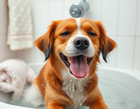 peaceful petcare grooming, content expression, enjoying a bath, photorealistic, in a white tiled bathroom with soft towels, highly detailed, water droplets splashing around, shot with a 70mm lens, cool colors, overhead lighting