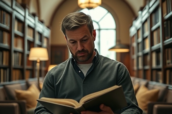 pensive pastor Brad, contemplative mood, preparing for a sermon, photorealistic, within the tranquil atmosphere of Tipton church library with wooden bookshelves and soft cushions, highly detailed, studying scripture under a lamp, taken with a Sony A7R IV, soft sepia tone, low artificial lighting, shot with a macro lens.