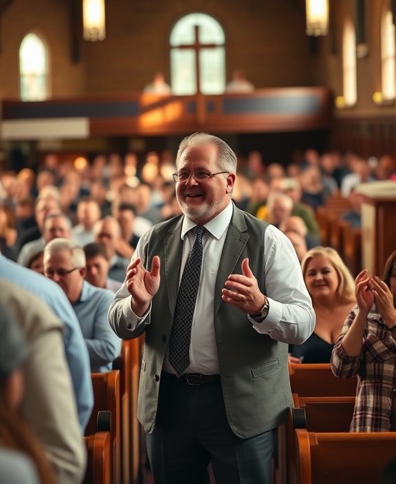 dynamic pastor Brad, expressive gestures, worshipping with the congregation, photorealistic, centered in Tipton church among pews filled with people, highly detailed, animated conversations post-service, photographed with a Canon EOS 5D Mark IV, bright and earthy tones, daylight bathing the interior, shot with a 24-70mm zoom lens.