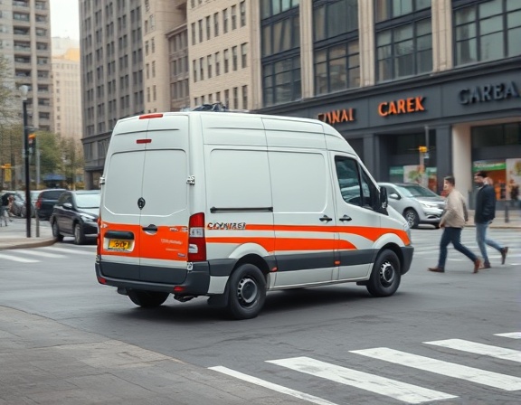 courier van, determined expression, efficiently driving, photorealistic, urban area with parked cars and storefronts, highly detailed, pedestrians crossing the road, high resolution, bold contrasts, overcast lighting, shot with a 24mm lens.