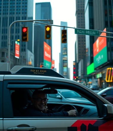ride-sharing vehicle, cheerful expression, smoothly cruising, photorealistic, cityscape with skyscrapers and traffic lights, highly detailed, digital advertising displays, large scale, muted tones, twilight lighting, shot with a 28mm lens.