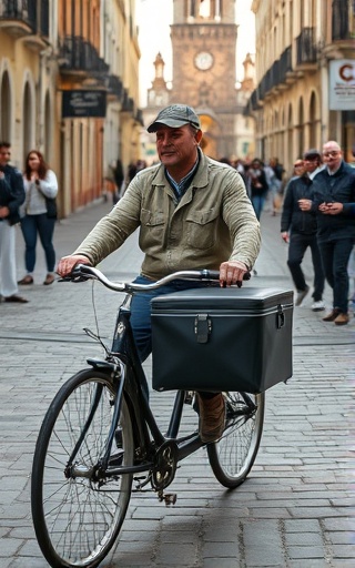 cargo bike, patient expression, steadily pedaling, photorealistic, cobblestone streets in historic district, highly detailed, tourists taking photographs, medium format, rich saturation, soft lighting, shot with a 85mm lens.
