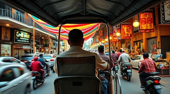 rickshaw, content expression, navigating traffic, photorealistic, vibrant marketplace with vendors and stalls, highly detailed, colorful fabrics fluttering, ultra-wide angle, warm tones, directional lighting, shot with a 20mm lens.