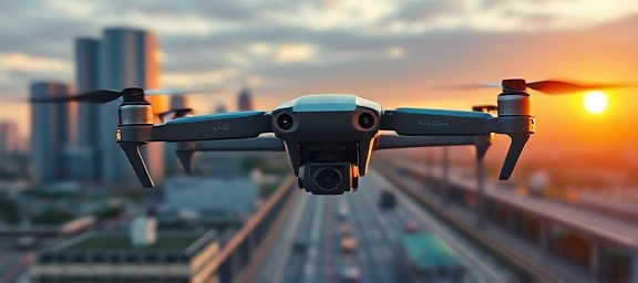 delivery drone, focused expression, hovering mid-air, photorealistic, skyline backdrop with office windows, highly detailed, cars moving below on highway, panoramic view, metallic sheen, glowing sunset, shot with a tilt-shift lens.