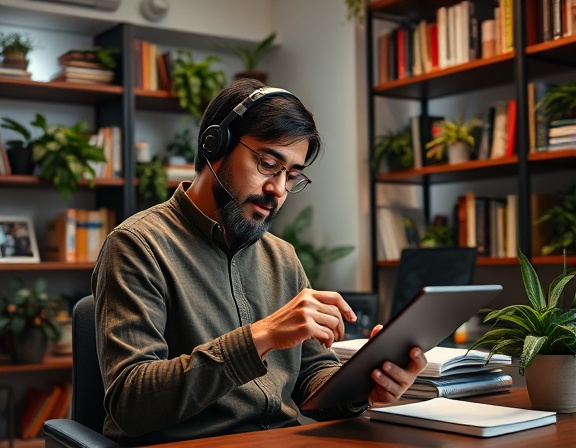 dedicated home assistant, concentrating, organizing files on a tablet, photorealistic, home office with bookshelves filled with plants and books, highly detailed, serene and productive setting, f/4, cool tone lighting, shot with a 24mm lens.
