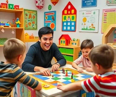 cheerful home buddy, laughing, playing board games with children, photorealistic, colorful playroom filled with toys and educational posters, highly detailed, lively and engaging scene, f/2.2, vibrant colors, warm ambient light, shot with a 28mm lens.