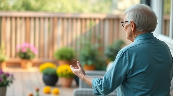 caring home friend, gentle, practicing yoga with a senior, photorealistic, peaceful garden patio with flowers and a wooden deck, highly detailed, calm and harmonious ambiance, f/3.5, soft pastels, diffused sunlight, shot with a 85mm lens.
