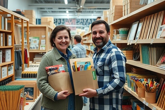 meticulous errand assistance, positive expression, organizing supplies, photorealistic, art supply store, highly detailed, artists browsing, precise textures, cool colors, overhead lighting, shot with a 45mm lens.