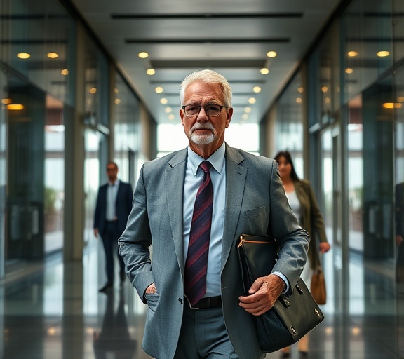 organized senior errands, focused expression, running office errands, photorealistic, corporate building lobby, highly detailed, business people walking, sleek lines, metallic colors, reflective surfaces, shot with a 32mm lens.