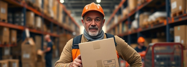 punctual senior courier, determined expression, handling fragile delivery, photorealistic, shipping warehouse, highly detailed, workers moving packages, rugged textures, bold colors, ambient warehouse light, shot with a 18mm lens.