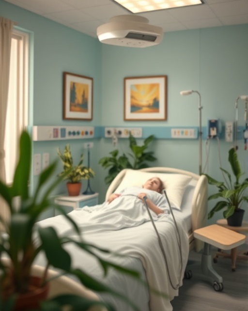 soothing hospital recovery, relaxed, comforting, photorealistic, a cozy room with plants and artwork, highly detailed, ambient sounds of gentle conversation and equipment, macro shot, pastel colors, ambient lighting, shot with an 85mm lens.