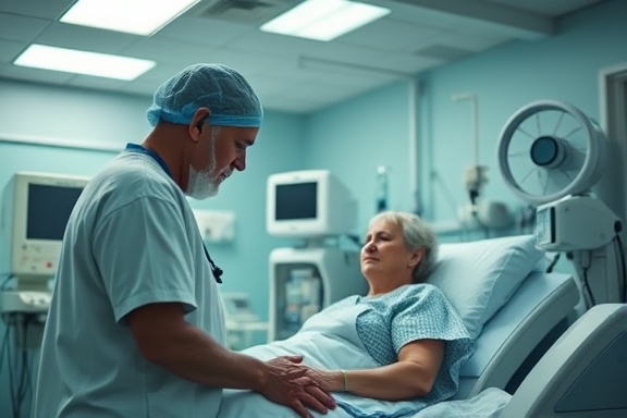 supportive recovery care, empathetic, healing, photorealistic, in a modern healthcare facility with advanced equipment, highly detailed, quiet hum of medical devices, high resolution, muted blues and greens, soft overhead lighting, shot with a 35mm lens.