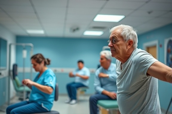 dynamic hospital rehabilitation, determined, progressing, photorealistic, physical therapy room with exercise equipment, highly detailed, patients actively engaging in exercises, deep focus, vibrant colors, diffused ceiling lights, shot with a 24mm lens.
