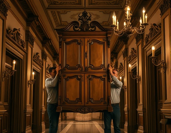 antique furniture transport, focused, movers carefully hoisting a vintage armoire, photorealistic, inside a lavish Victorian mansion hallway adorned with intricate carpentry, highly detailed, chandeliers and lamps casting light, 85mm, sepia tones, soft indoor lighting, shot with a Nikon AF-S NIKKOR 85mm f/1.4G lens.