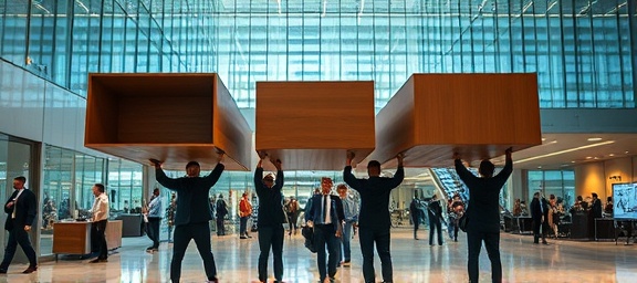 office furniture lifting, coordinated, professionals expertly raising large desks, photorealistic, in a bustling corporate skyscraper lobby with glass walls and passersby, highly detailed, bustling staff and dynamic reflections, 35mm, neutral colors, bright fluorescent lighting, shot with a Sony FE 35mm f/1.8 lens.