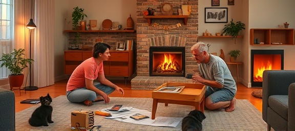 home furniture assembly, patient, couple assembling a piece of IKEA furniture, photorealistic, cozy living room with a fireplace and playful pets, highly detailed, tools scattered and instructions laid out, 24mm, pastel colors, warm evening light from the fireplace, shot with a Fujifilm XF 24mm f/1.4 lens.