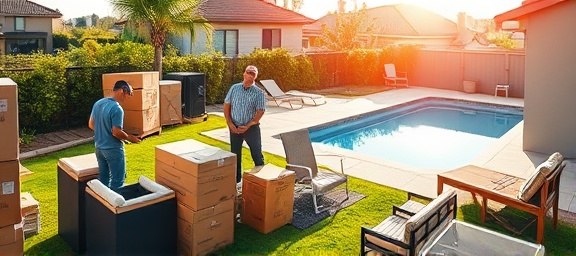 outdoor furniture packing, organized, movers diligently packing patio sets, photorealistic, suburban backyard with lush green lawn and a swimming pool sparkling under the sun, highly detailed, cardboard boxes and labeling, 70mm, bright colors, harsh afternoon sunlight, shot with a Sigma 70mm f/2.8 DG Macro lens.