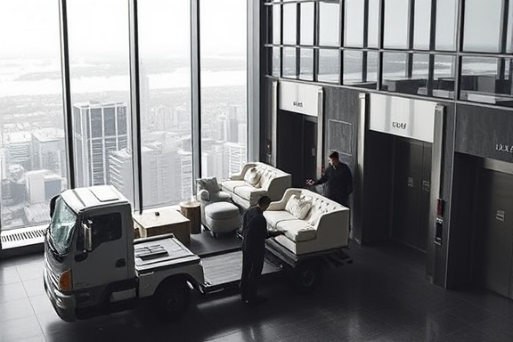 luxury furniture relocation, elegant, team transporting designer furniture, photorealistic, upscale high-rise apartment complex with a skyline view, highly detailed, sophisticated vehicles and elevators in operation, 105mm, subdued monochrome, soft shadow lighting, shot with a Nikon AF-S VR Micro-NIKKOR 105mm f/2.8G IF-ED lens.