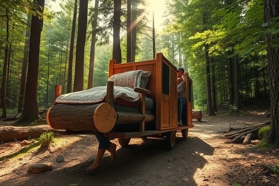 rustic furniture transport, adventurous, individuals maneuvering tree trunk furniture, photorealistic, forest setting with sunbeams piercing through the foliage, highly detailed, earthy textures and uneven pathways, 200mm, earthy colors, dappled natural light, shot with a Canon EF 200mm f/2L IS USM lens.