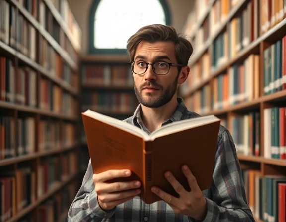 knowledgeable faq guide, thoughtful expression, handing a booklet, photorealistic, well-lit library with bookshelves, highly detailed, page turning animation, crisp focus, earthy tones, natural sunlight coming from a window, shot with an 85mm lens.