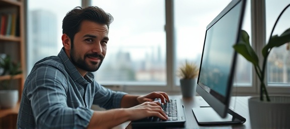 engaging faq support, confident expression, typing on a keyboard, photorealistic, cozy home office with a city view, highly detailed, screen glow, shallow depth of field, muted colors, soft afternoon light, shot with a 35mm lens.