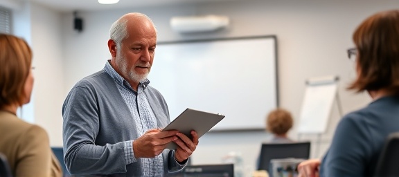 patient faq consultation, listening expression, holding a tablet, photorealistic, tech-equipped meeting room with whiteboard and projector, highly detailed, interactive displays, sharp clarity, neutral colors, fluorescent lighting, shot with a 24mm lens.
