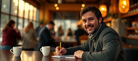 friendly faq help, welcoming expression, writing notes, photorealistic, bustling cafe with customers and coffee cups, highly detailed, people talking in the background, high contrast, warm colors, evening golden hour light, shot with a 70mm lens.
