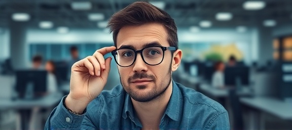 reliable faq assistance, attentive expression, adjusting glasses, photorealistic, open-plan office with computers and teams, highly detailed, chatter and keyboard sounds, balanced composition, cool tones, diffused overhead lighting, shot with a 50mm lens.