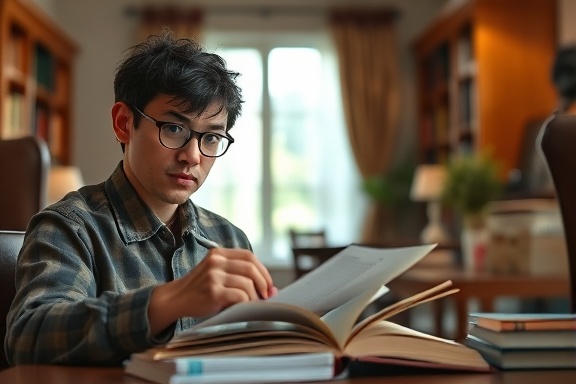 insightful faq guide, curious expression, highlighting in a book, photorealistic, quiet study room with warm wood furniture, highly detailed, paper rustling, soft bokeh, pastel colors, midday light through curtains, shot with a 55mm lens.