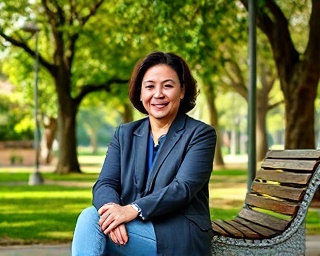supportive faq support, reassuring expression, sitting in a relaxed pose, photorealistic, sunny park with trees and a bench, highly detailed, birds chirping, natural perspective, rich greens and browns, dappled sunlight, shot with a 135mm lens.