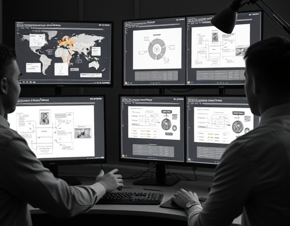 clear service diagram, informative, illustrating processes, photorealistic, digital workspace with multiple screens displaying diagrams, highly detailed, individuals pointing at screens, graphical overlays, monochrome, focused desk lamp lighting, shot with a macro lens.