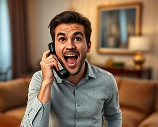 enthusiastic faq help, excited expression, holding a phone, photorealistic, elegant living room with a plush sofa, highly detailed, voice prompts, enhanced contrast, bright primary colors, ambient evening light, shot with a 40mm lens.