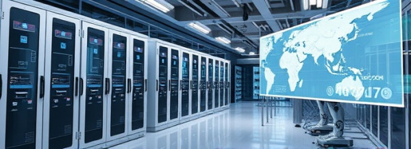 innovative service automation, futuristic, implementing AI solutions, photorealistic, tech hub with servers and robotic devices, highly detailed, AI-driven workflow charts, interactive holograms, metallic silver, soft ambient lighting, shot with an ultra-wide lens.